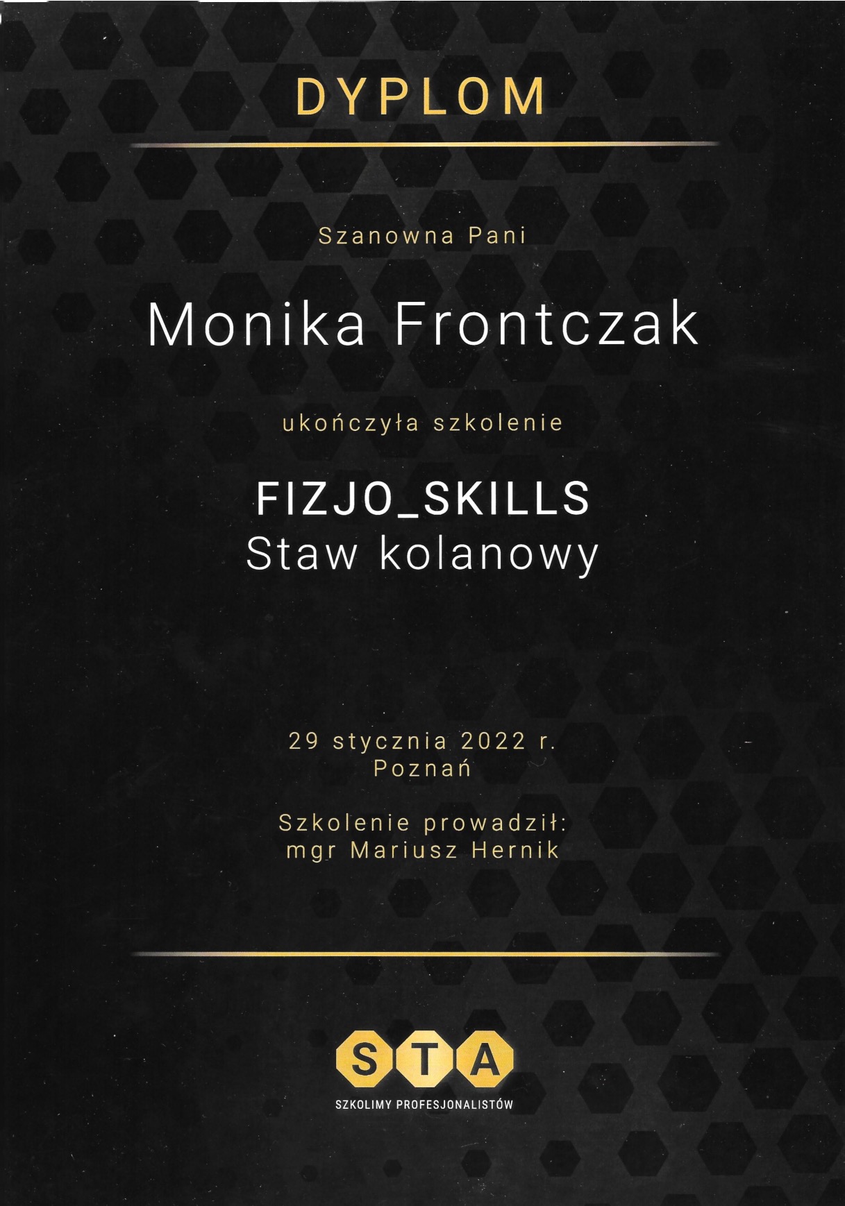 Certyfikat terapii stawu kolanowego