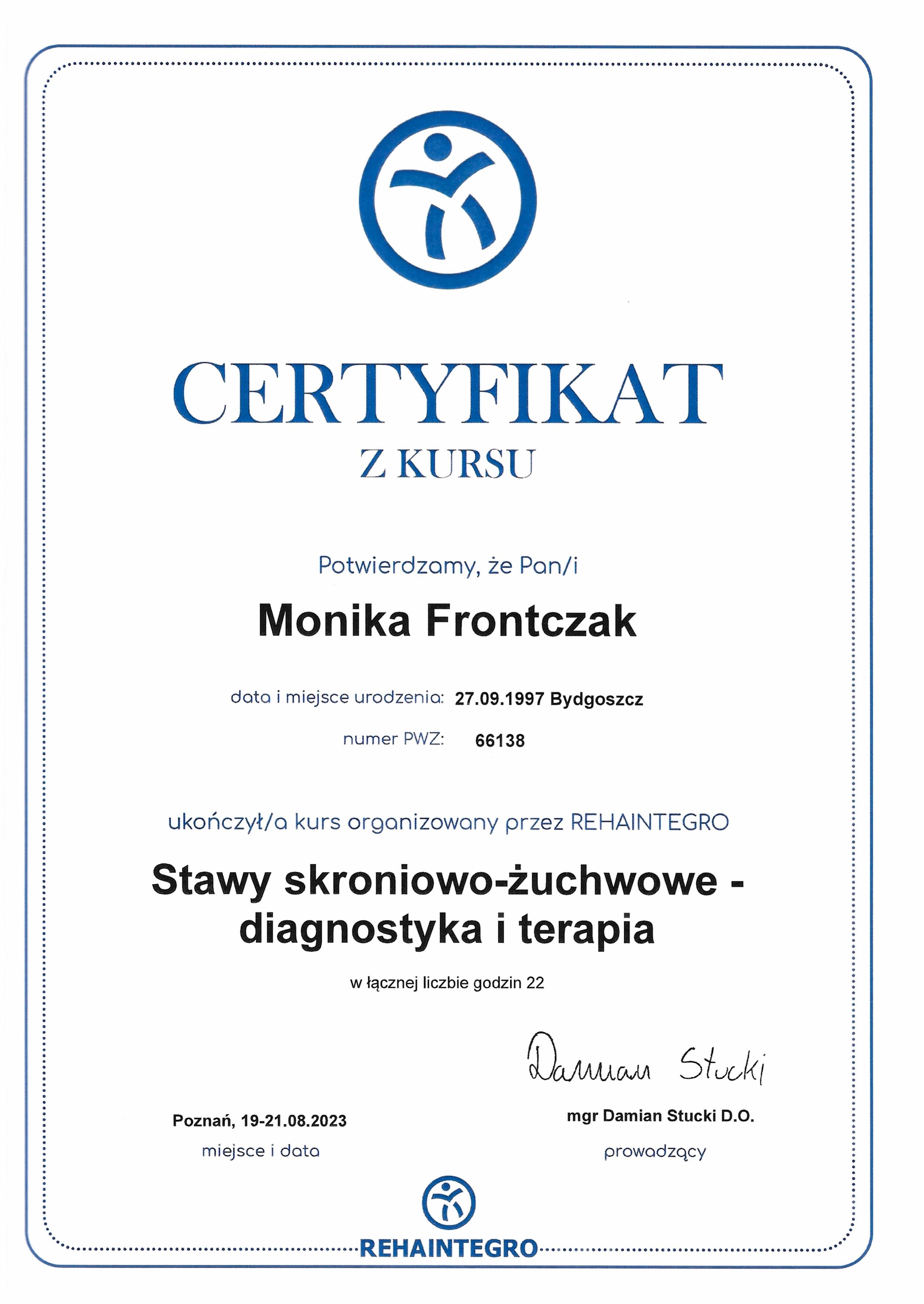 Certyfikat terapii stawu skroniowo-żuchwowego